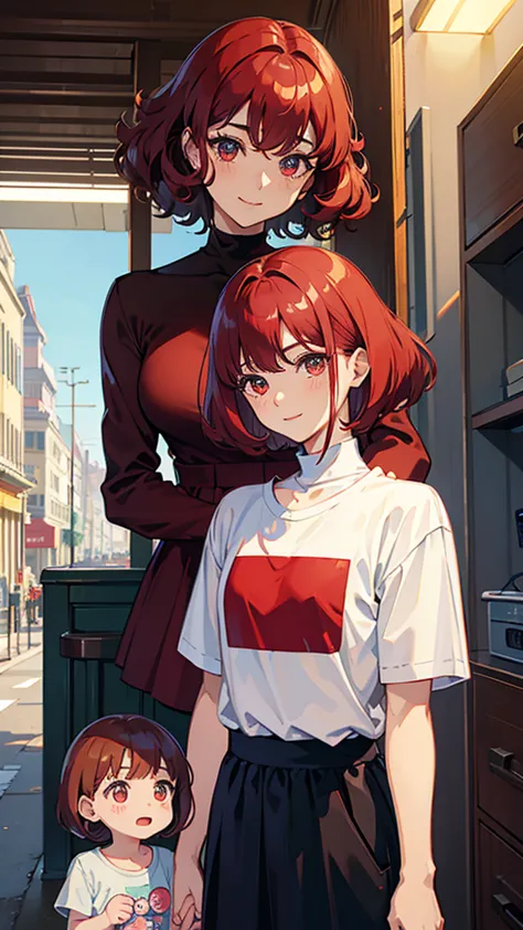 anime,  everyday wear、Beautiful young man and toddler like a curly-haired woman with short bob hair、dark brown skin、red hair、smile、Big cat eyes、ivory high neck shirt、Don&#39;t show your breasts、green long skirt、A footpath full of flowers、butterfly々、Front b...