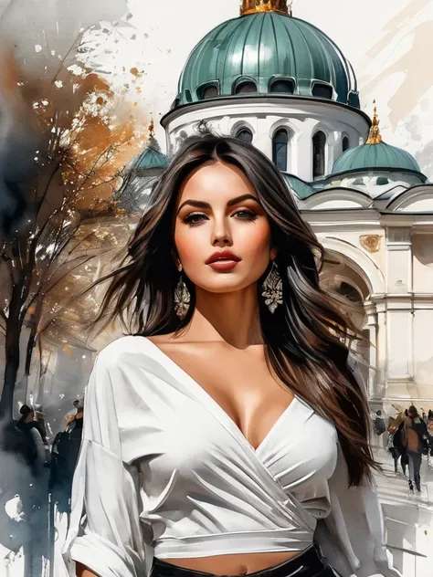 Masterpiece, best quality, only one very beautiful Bulgarian woman in fashion design Clothing, ink painting style, landmark of Sofia in Bulgaria, Perfect poses, 
soft colors, smooth strokes, Low angle, ink painting in the style of artists such as Russ Mill...