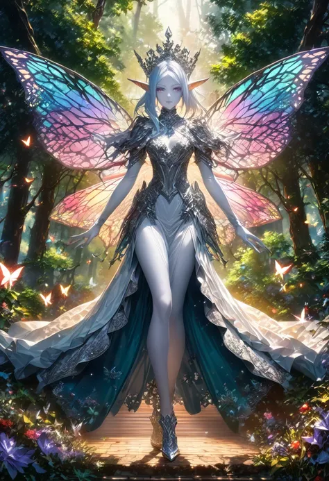 draw the queen of spirits,white skin type,perfect face,pointed ears,elf elements,Queen's tiara made of silver,noble and beautiful,confident look,long silk dress,fairy wings,perfect proportions,(Perfect Anatomy: 1.3),zoom out,show the whole body,use magic,e...