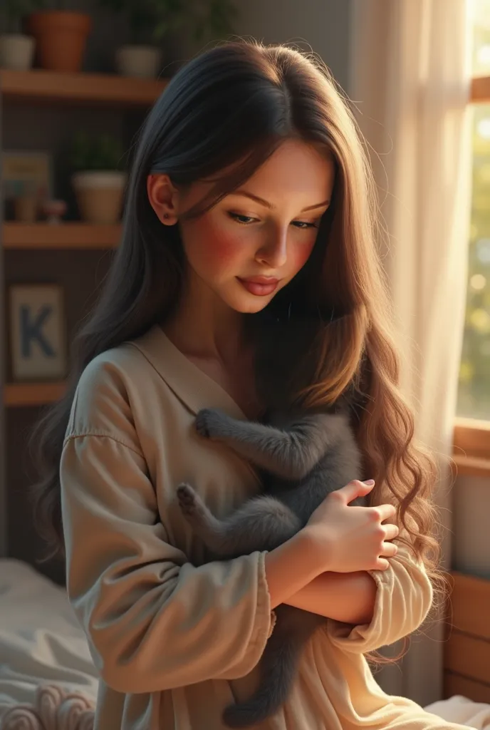 I want the girl with the cat to look just like this girl in the photo and the cat to look just like a grey baby cat 