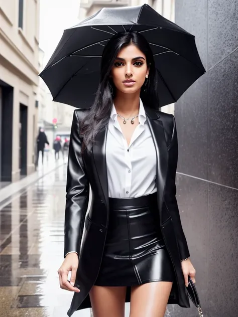 mini skirt, Beautiful| young persian woman, realistic anatomy|realistic hair, raw photograph, intricate details, sharp focus, highest quality, masterpiece, accent lighting|rim light, cold shadows, wet black blazer, wet blouse, walking in street, heavy rain...