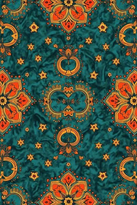 Create seamless pattern design of batik fabric for islamic university uniform with emerald green and orange , islamic geometric pattern ,there is an open book image, crescent moon , stars , UINSA university logo, there is a batik image of gurdho motif, cra...