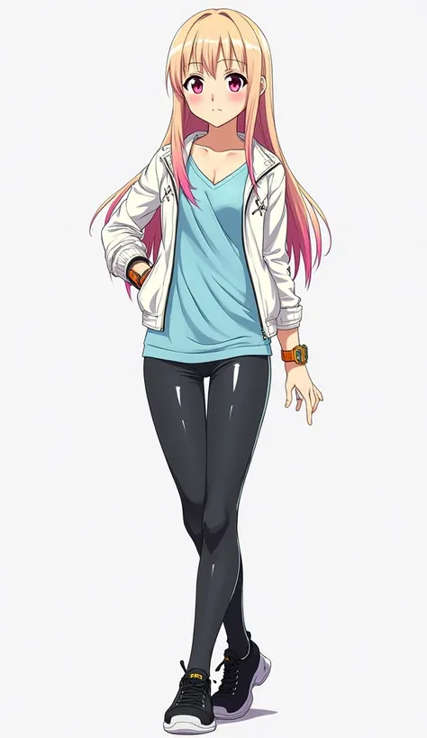 Japanese anime adolescent woman with light blonde hair long straight on the top and turning to a shade of pink on the tips and intense magenta eyes and an orange watch on her left arm and a black bracelet on her right arm and wears a light blue top with a ...