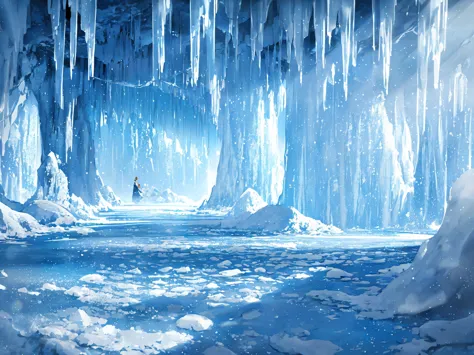 frozen landscape, sparkling ice crystals, icy stalactites hanging from the cave ceiling, shimmering blue and white hues, ethereal glow, mysterious atmosphere, natural formation, surreal scenery, breathtaking view, remote location, untouched beauty, magical...