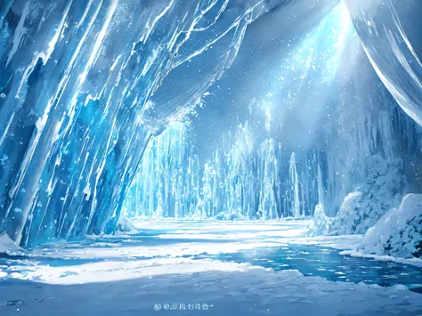 frozen landscape, sparkling ice crystals, icy stalactites hanging from the cave ceiling, shimmering blue and white hues, ethereal glow, mysterious atmosphere, natural formation, surreal scenery, breathtaking view, remote location, untouched beauty, magical...