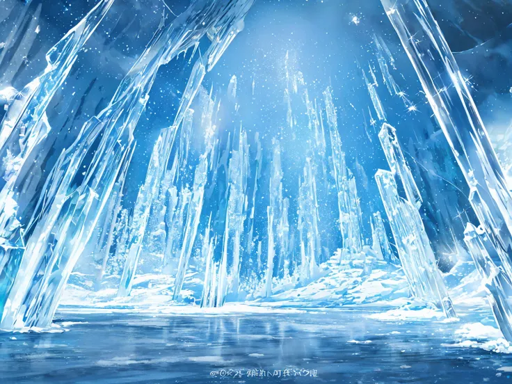 frozen landscape, sparkling ice crystals, icy stalactites hanging from the cave ceiling, shimmering blue and white hues, ethereal glow, mysterious atmosphere, natural formation, surreal scenery, breathtaking view, remote location, untouched beauty, magical...