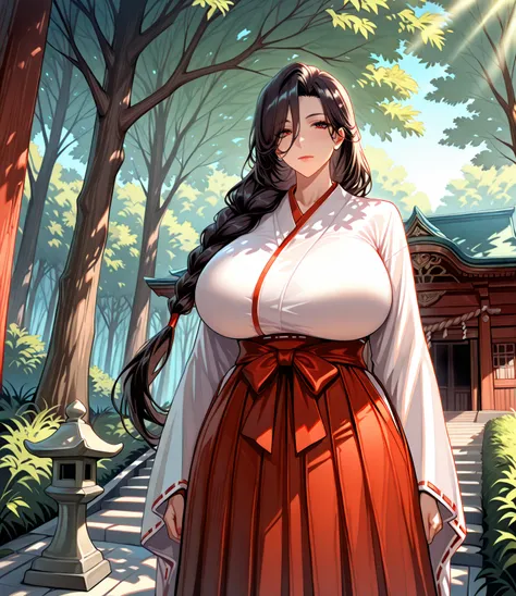 masterpiece, best quality work of art, whm,
age, moderately mature woman,  1girl , Alone,  long hair, regarde le spectateur, Skirt,  black hair, manches longues,  huge breasts , hair between your eyes, Closed Mouth, debout, tresser, Open air, japanese clot...