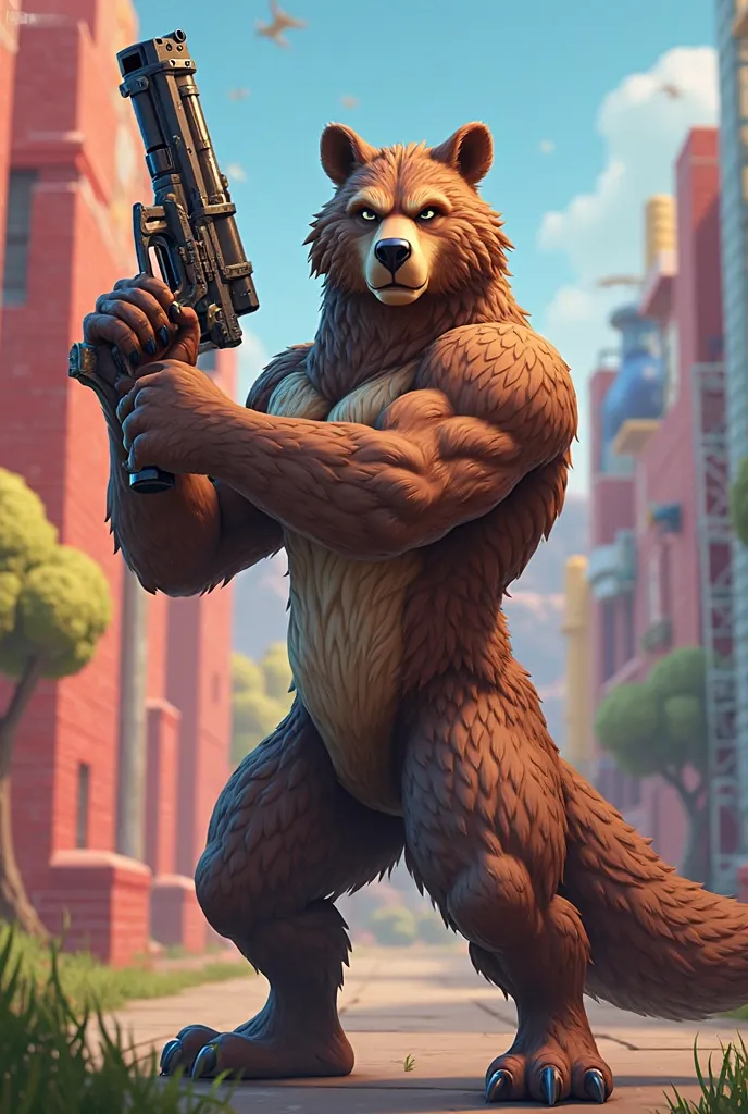 An animal carrying a gun in one hand upwards in Fortnite style 