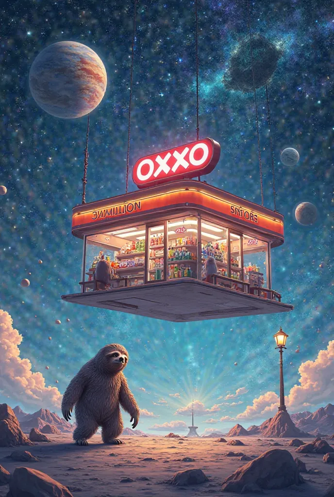 Photo of an oxxo in space,  With a sloth walking to the store with the word 3 million