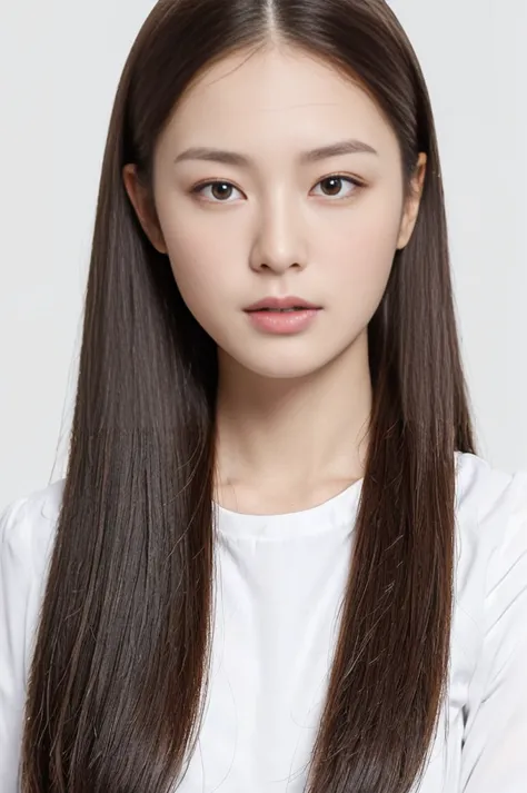 (Best Quality:1.5), ( real :1.4), (ultra super detail:1.4), ( 1girl ), (long face), (medium hair), ((Straight face:1.2)), (closeup the face:1.3), (white plain background), (front view of the face), (Turn face towards the camera), (girl with is standing fro...