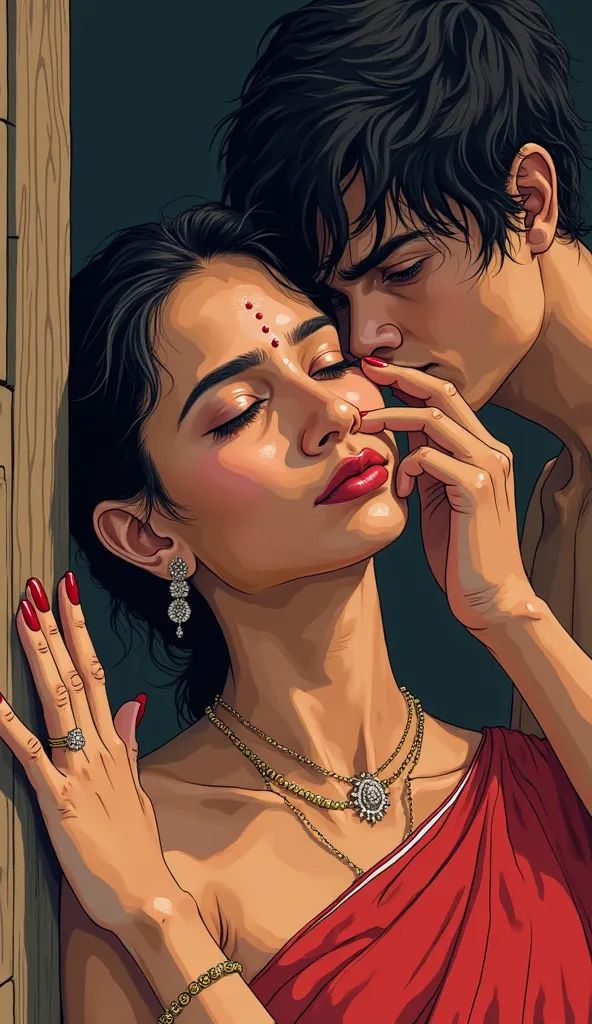 "A highly detailed digital illustration of a woman with her eyes closed, leaning against a wooden surface dont wear saree semi nude. Her face is adorned with red sindoor and a bindi, and she wears subtle traditional makeup. A young man with messy hair is b...