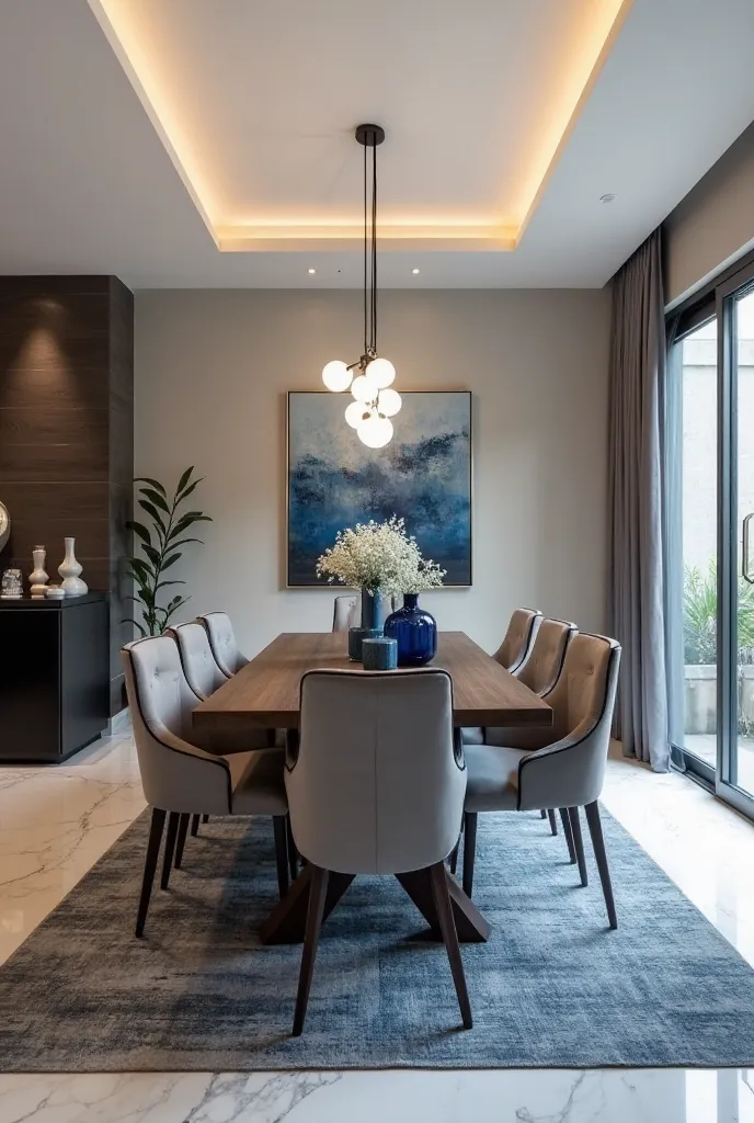 Create an image of a dining room with a rectangular dark brown table for six people with padded gray chairs, under the table that has a gray and blue carpet and that the table has some decorative blue vases and a small center of white flowers and Blue , a ...