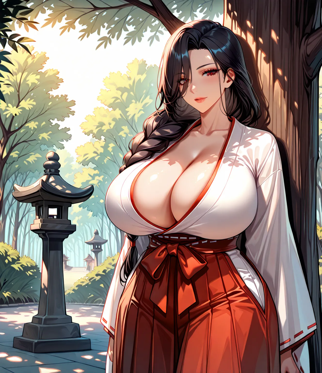 masterpiece, best quality work of art, whm,
age, moderately mature woman,  1girl , Alone,  long hair, regarde le spectateur, Skirt,  black hair, manches longues,  huge breasts , hair between your eyes, Closed Mouth, debout, tresser, Open air, japanese clot...