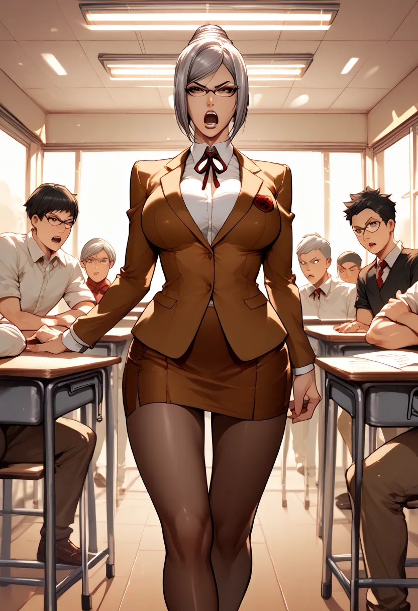 in a classroom, hot woman, Meiko prison school, she is standing, she is angry and screaming, shota, shotacon, five boys