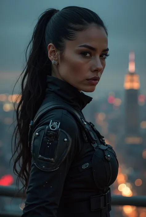  Woman, tanned skin, dark brown eyes,  black hair tied, wearing a spy suit holding a pistol in a pose on top of a building at night