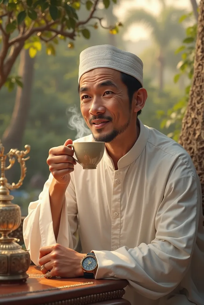 made me real image. indonesian moslem men sippin a cup of tea. she looks happy with the tea. at afternoon