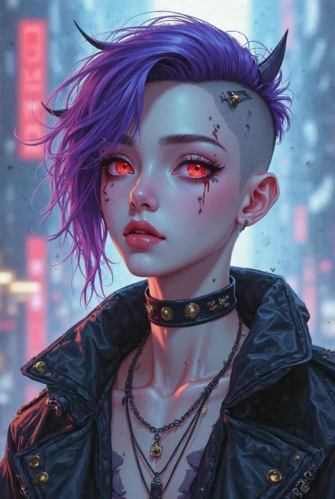  cartoon 　Cyberpunk　Thorns　choker　Asymmetric　Two block　male　maleの顔　side shaving　 Transhuman 　Purple　Pale red　Pale blue　Partial Machinery　illustrations　cool　is young