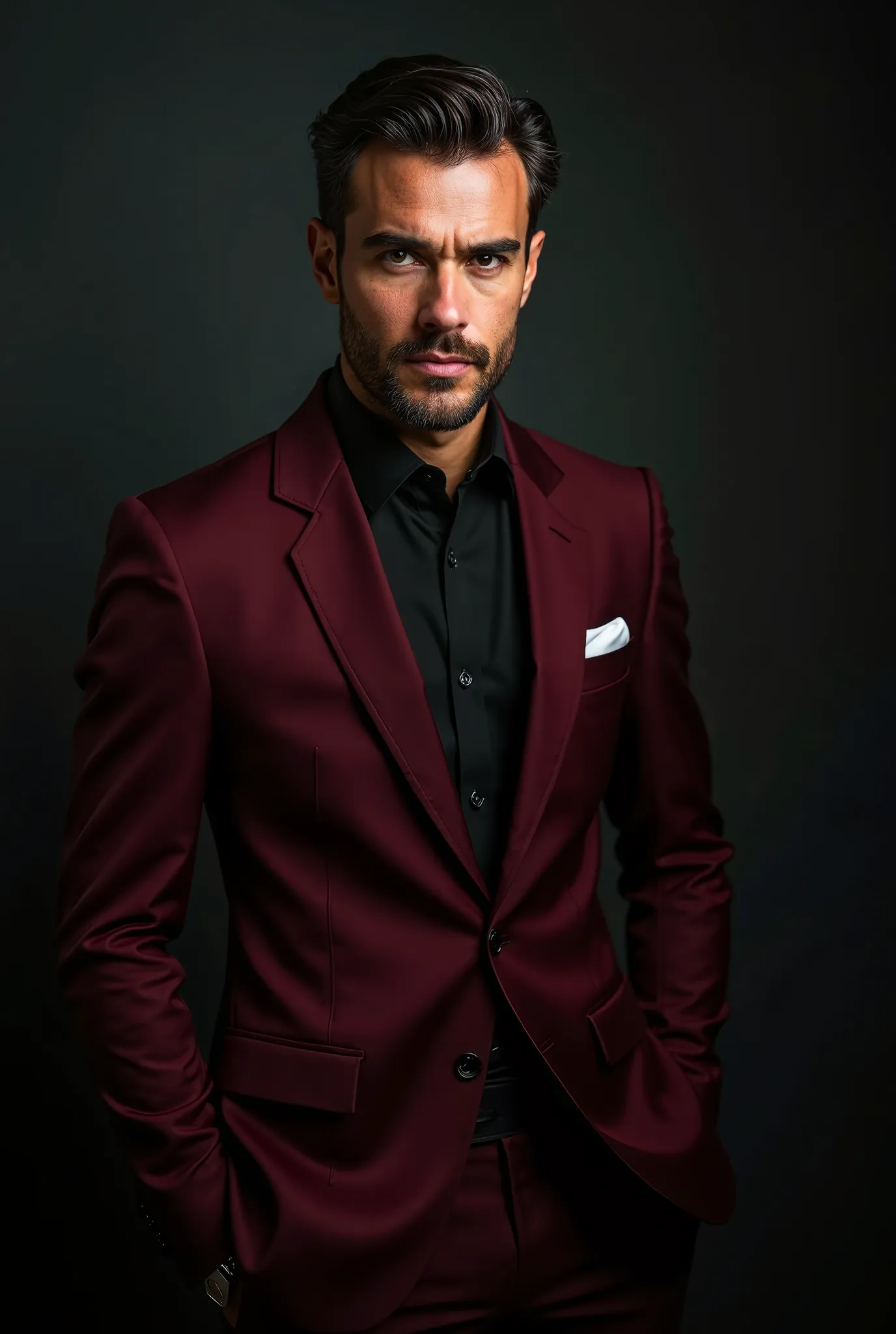 Create photos of a man in a suit, black shirt and burgundy suit. Extremely realistic dramatic photoshoot style photos 