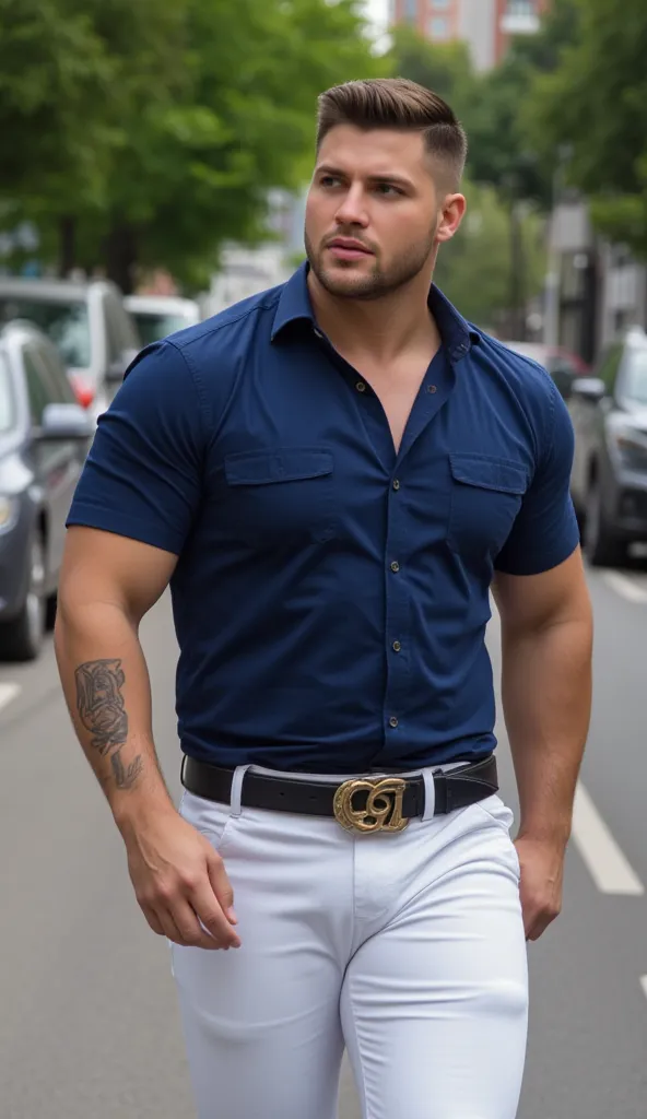 photo realistic Espectacular realista hombre libanes hdr handsome y  muscular sexy, big biceps, Oxford shirt navy blue fashion various colors,, fondo en la calle otro hombre handsome y  muscular en segundo plano, perfect face, great lighting of the face  ,...