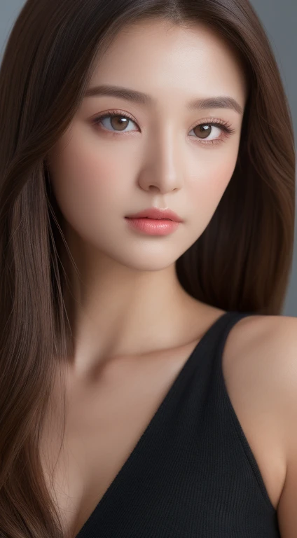 ((Best Quality, 8k, excellent performance :1.3)), sharp focus :1.2, Beautiful woman with perfect Barbie-shaped nose :1.4, Right side :1.2, (( Dark Brown :1.2)), (  natural light, Photo Studio:1.1), high-profile face and skin, fine eyes, Double eyelids