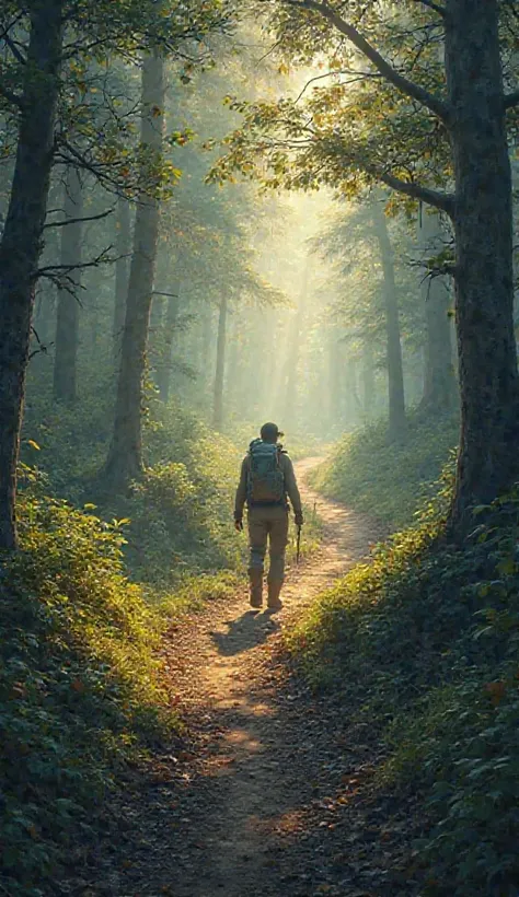   Hiker on a lighted path, feeling at peace when following the right path.