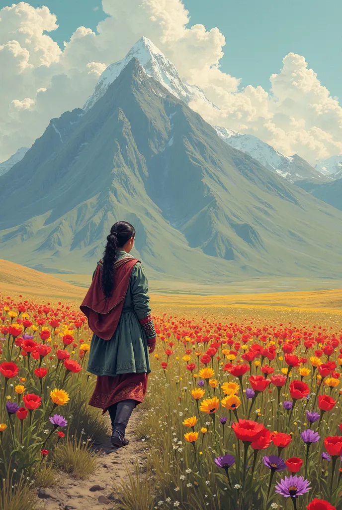 Kyrgyz woman walks across a field where flowers are with their backs to the camera against the background of a mountain.  Style abstraction