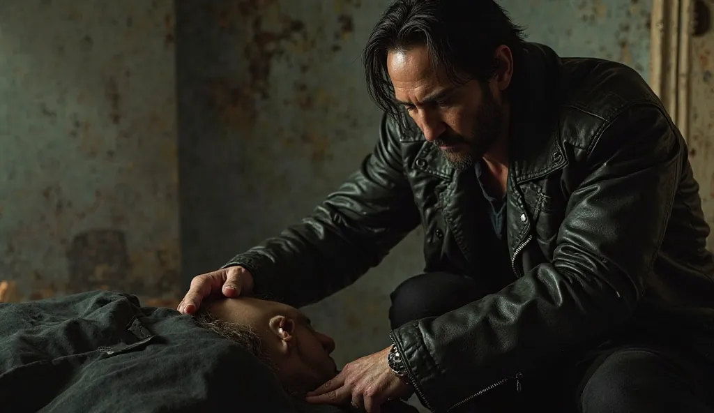 Keanu removing his leather jacket, kneeling beside her.)  