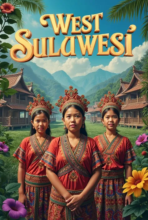 Make me a picture of a poster titled West Sulawesi and the picture contains culture, traditional houses with people of west sulawesi in their traditional clothes