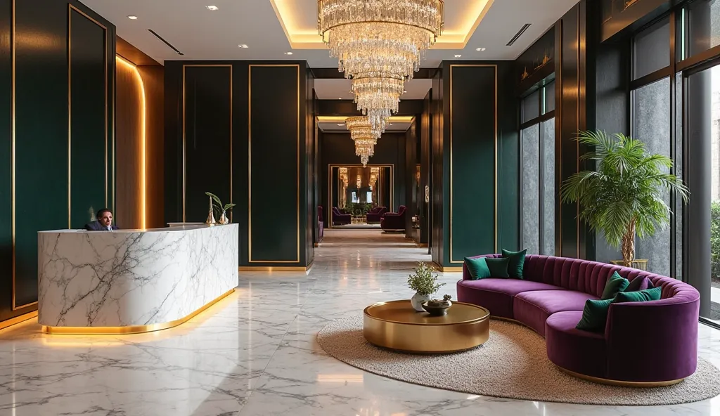 An elegant and high-end reception area with a curved marble reception desk featuring gold metal accents. The walls are adorned with velvet paneling and illuminated brass inlays, giving a sense of sophistication. The flooring consists of large-format marble...