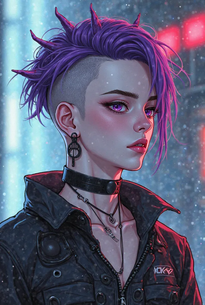  cartoon 　Cyberpunk　Thorns　choker　Asymmetric　Two block　male　maleの顔　side shaving　 Transhuman 　Purple　Pale red　Pale blue　Partial Machinery　illustrations　cool　is young