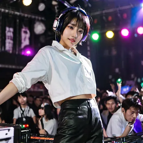 japanese woman,  dj, with headphone, in the club,  kawaii, ((very short cut:1.2)), crowds around, ((cyber punk, lighting effects1.2)), black business jacket, white shirt, ((DJ, dancing, on the stage:1.3))