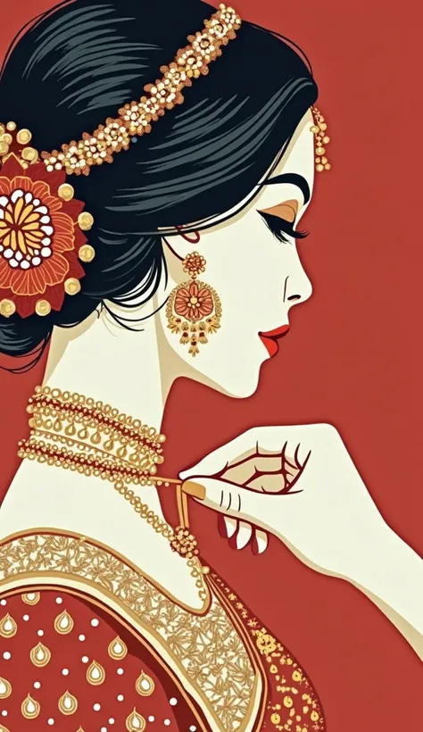 "A stylized vector-art digital illustration of a close-up hand tying a sacred wedding thread (Mangalsutra) around a woman’s neck. The woman’s face is not visible, but she wears an intricate red and gold floral headpiece. The illustration has bold outlines,...