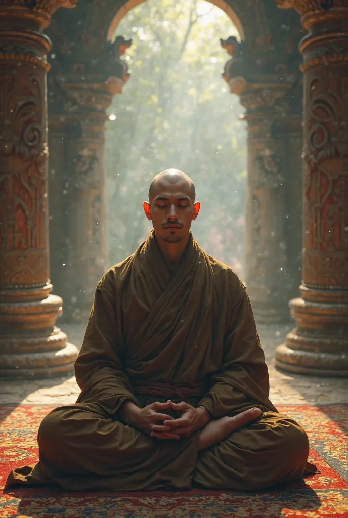 A monk meditating in an ancient temple,  very handsome . The priest's eyes were shining straight.. Around the fantastical scene