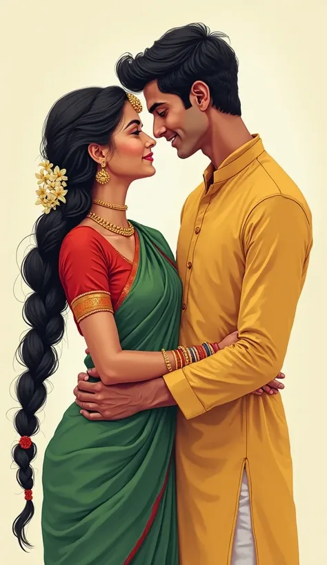 "A young Indian couple in a romantic pose, dressed in traditional attire. The woman, wearing a red blouse, green saree, and golden jewelry, leans towards the man with a loving gaze. Her long braided hair is adorned with jasmine flowers. The man, wearing a ...