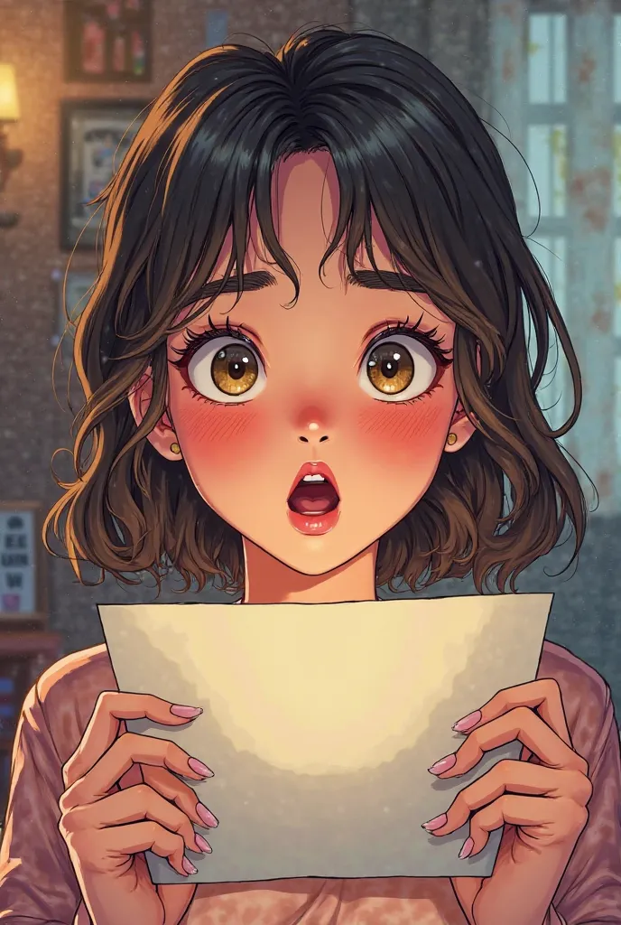 create a comics picture about the girl received a letter. and her face was shock