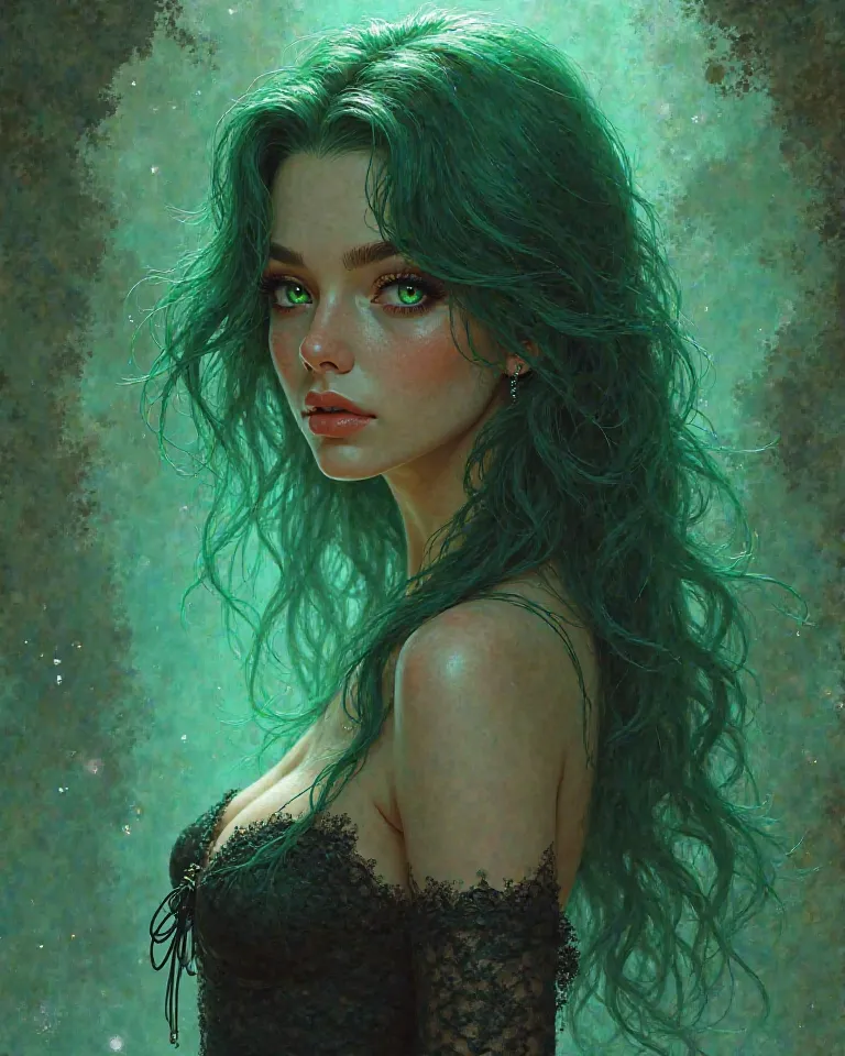 Beautiful green-haired woman with large breasts model. With the power of hypnosis with eyes , Her eyes have a color that there is no new color created now 