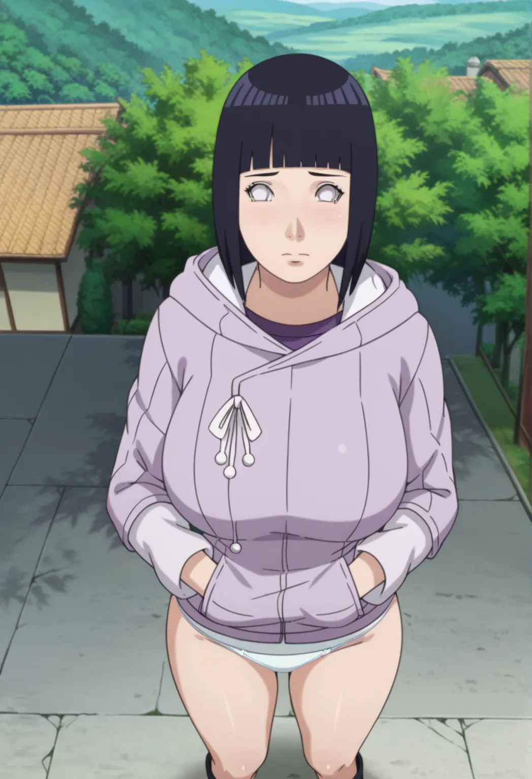 score_9, score_8_above, score_7_above, source_anime,anime screenshot,anime coloring,intricate details,masterpiece,
 uncensored,
 mature female,
Hinata, Black hair, 1 , short hair, big breasts, fringe, blunt fringe,white eyes,no paboveils,
 hoodie,long slee...