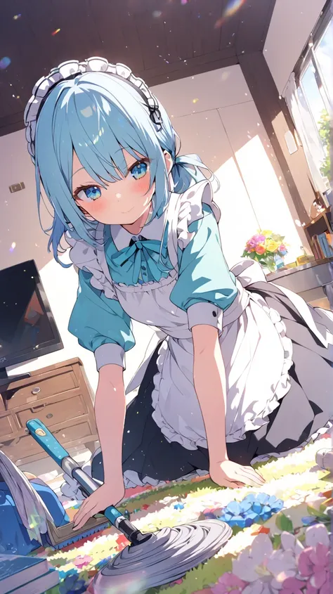 1 girl, room、tv set、Books棚、 table、 carpet、bed、pillow、Books、flower、greenい目, green/light blue hair tied at the top、middle hair、bedに座る、maid clothes、cleaning、Wide angleショット, Wide angle, Dutch Angle, glitter effect, blurred background, lens flare, 