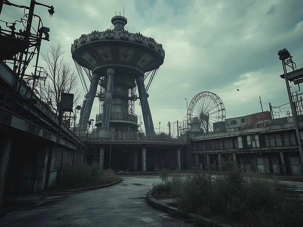 An empty amusement park at twilight, rusted rides creaking in the wind, distorted carousel music playing, sense of abandonment and dread, low-angle shot, photorealistic.