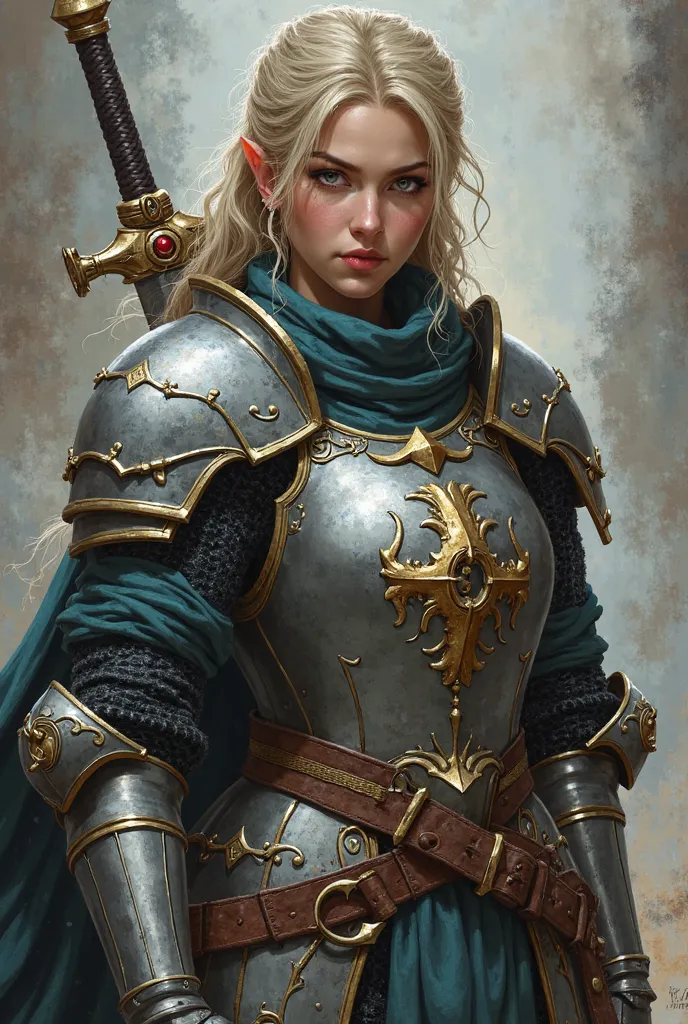 a woman in armor holding a sword and a sword, a character portrait inspired by Li Chevalier, polycount, dau-al-set, portrait knight female, picture of female paladin, female knight, portrait of female paladin, female paladin, she is holding a sword, hero c...