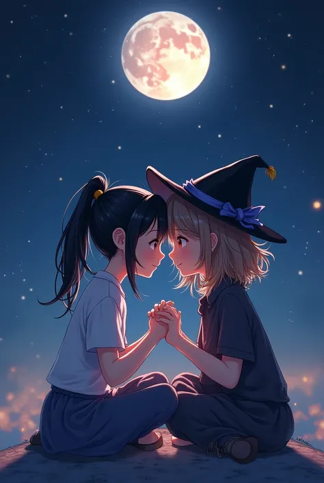 Two age friends sitting facing each other holding hands, one with dark hair tied the other with curls and a black hat with their foreheads supported..With a starry sky and a full moon