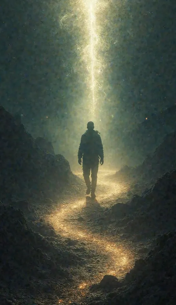  Person walking in the dark, but a heavenly light illuminates their path.