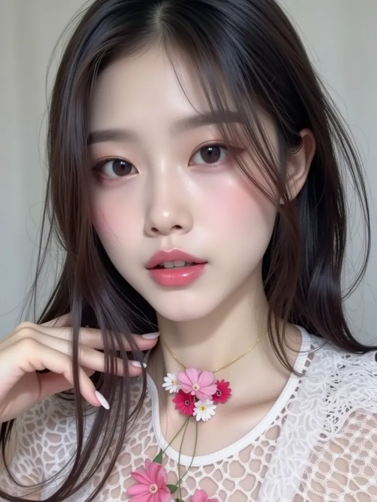 ((Best quality, 8k, Masterpiece :1.3)), 1girl, beautiful woman: 1.3, full body, (long hair: 1.2), ultra-delicate face, delicate eyes, double eyelids, korean girl, flower choker necklace, fishnet top, strapless top, colorful makeup