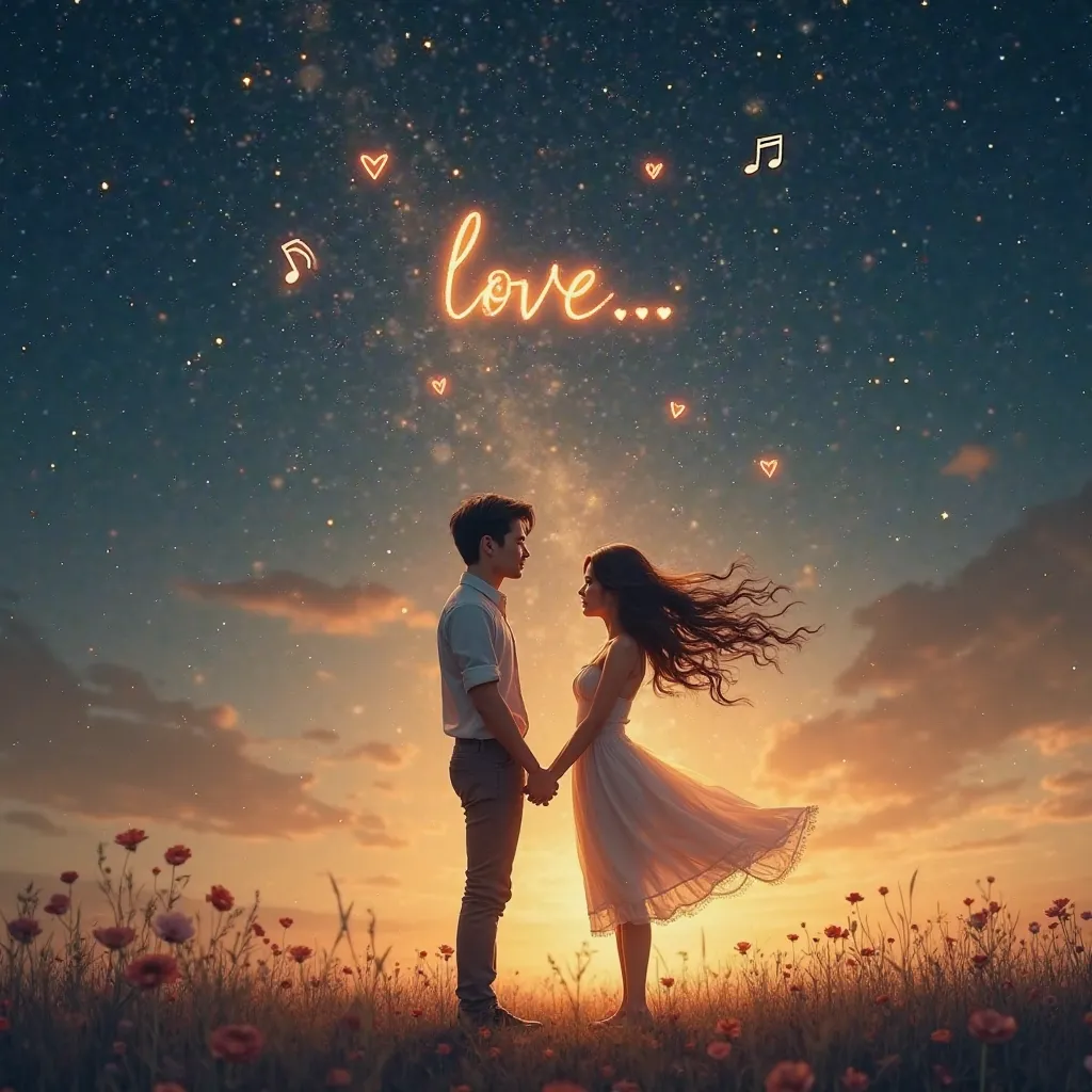 "A romantic and dreamy scene of a couple standing together under a vast starry sky, holding hands gently. A warm, golden glow surrounds them, symbolizing love’s warmth and deep connection. Soft wind flows through their hair as musical notes and glowing hea...