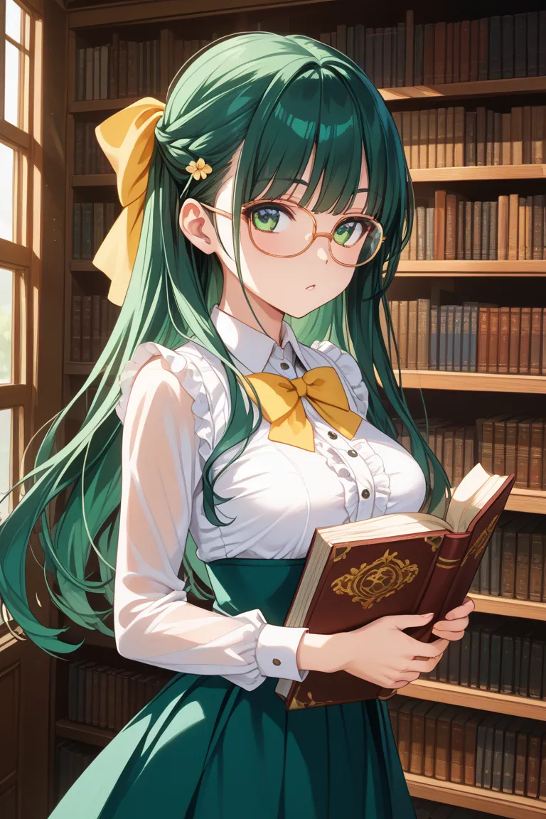 Green hair, green eyes, matching bangs, two bunches of hair put together、Hang it in front of your chest and tie the tip with a yellow ribbon, square half rim, Kurobuchi Megane High School library library library library library library with no air conditio...