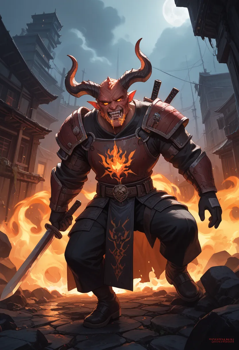 Jason Martin; Full body image of Diablo,  Japanese armor,Demon&#39;s Appearance,In front of Hell's Gate, With sword, Fire Amber, Horns of his head are engulfed in flames,  Stray Souls ,escaping blood and atrocities, Vaporware,  Digital Art , art stations i...