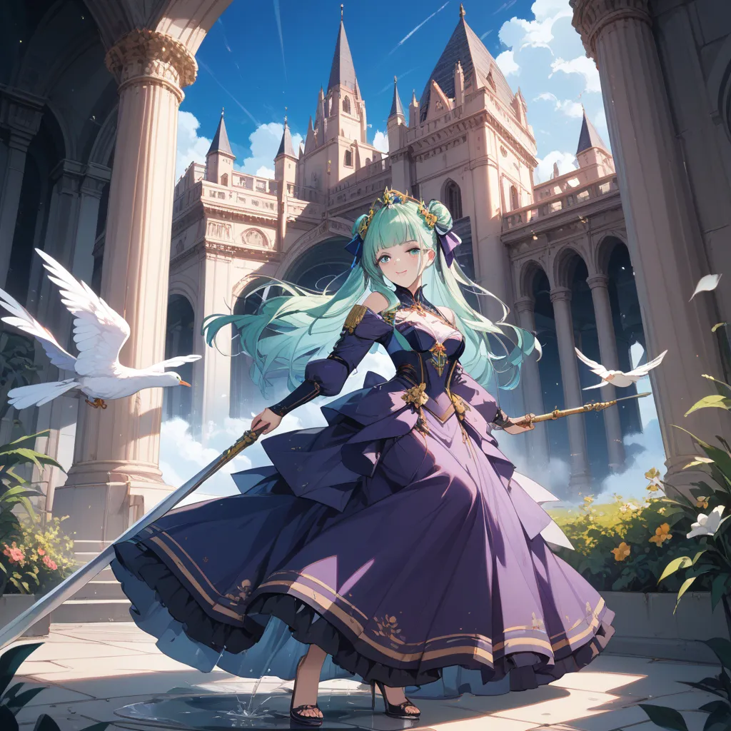 Top Quality Masterpiece、Cyberpunk World、in a Gorgeous Green and Purple Dress、 high collar 、Daughter of a Beautiful Woman with an Ancient Western Sword、White Dove of Happiness、castle with spire in the background、Stars in the night sky、dress and sparkling je...