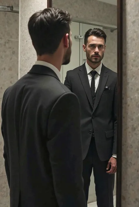 A man dressed in baggy clothes standing in the toilet sees himself in the mirror wearing a chic and cold suit 