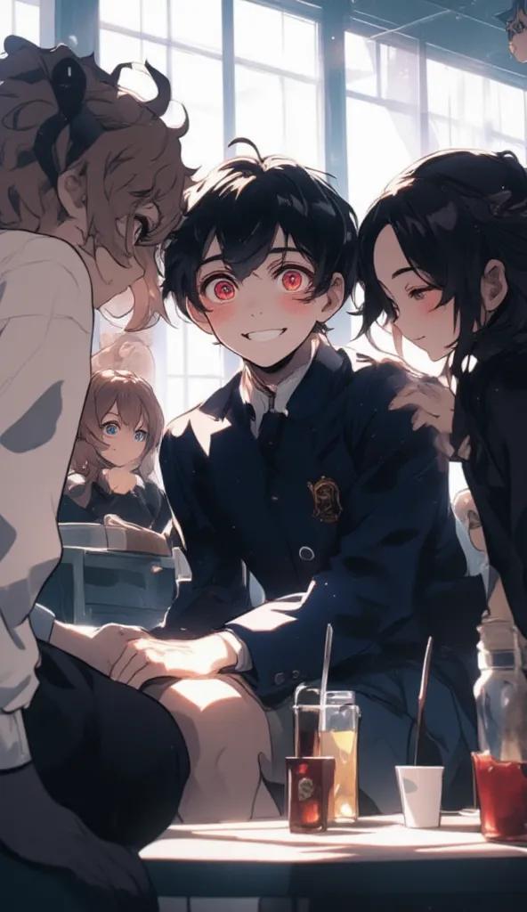 a boy, short black hair, striking red eyes, white skin, smiling, sitting on table in the canteen, wearing a navy color school uniform, he is surrounding by two cute girls with dark eyes, canteen background, anime art, An animated cartoon image in the style...