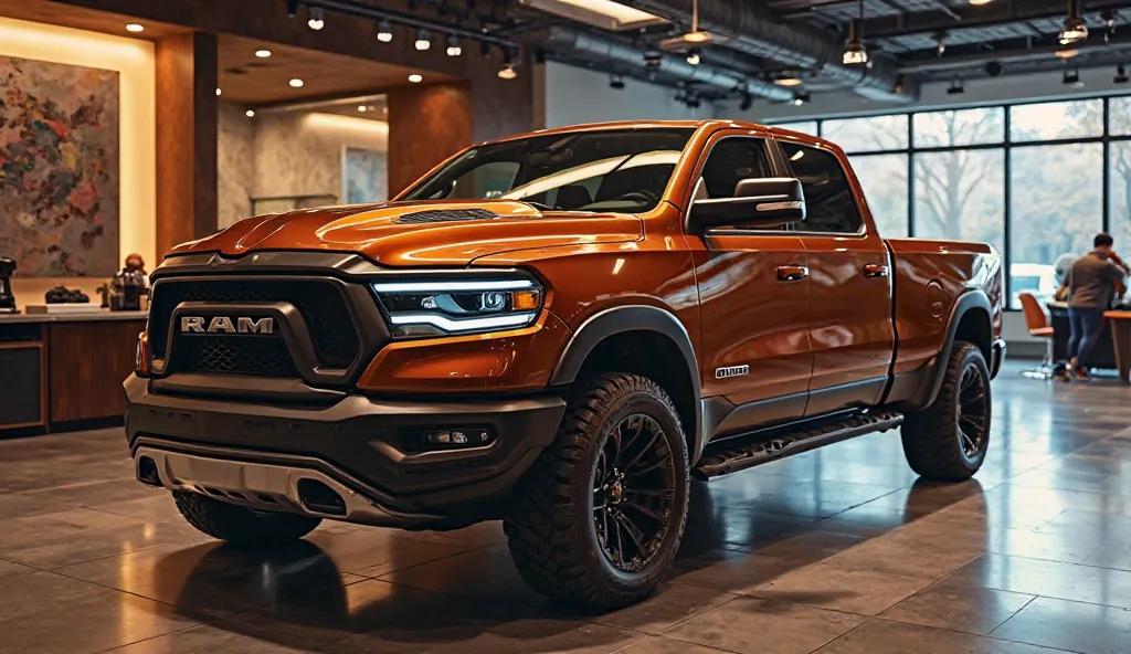 A captivating image of a (2025 ram rebel) taking center stage in a luxurious , showroom. The futuristic, vibrant (brown )exterior gleams, showcasing its sleek, aerody namic design and bold accents. The (frant )  highlights the cutting-edge innovation and t...